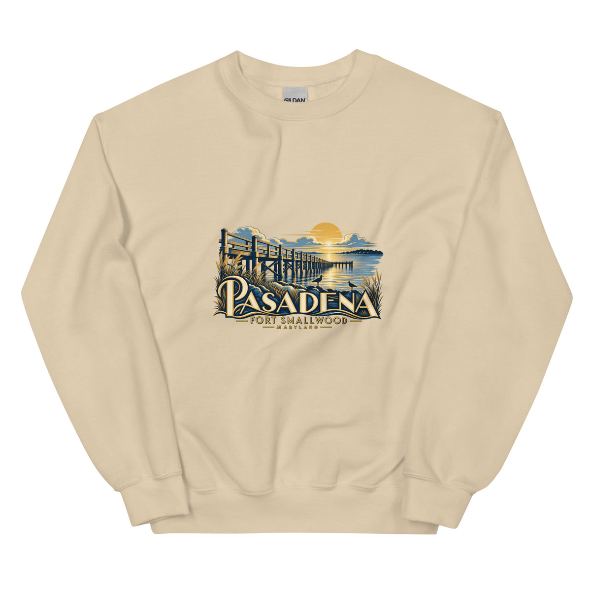 Original Pasadena Maryland Fort Smallwood Pier artwork printed on the front of the Sand Gildan 18000 crewneck sweatshirt