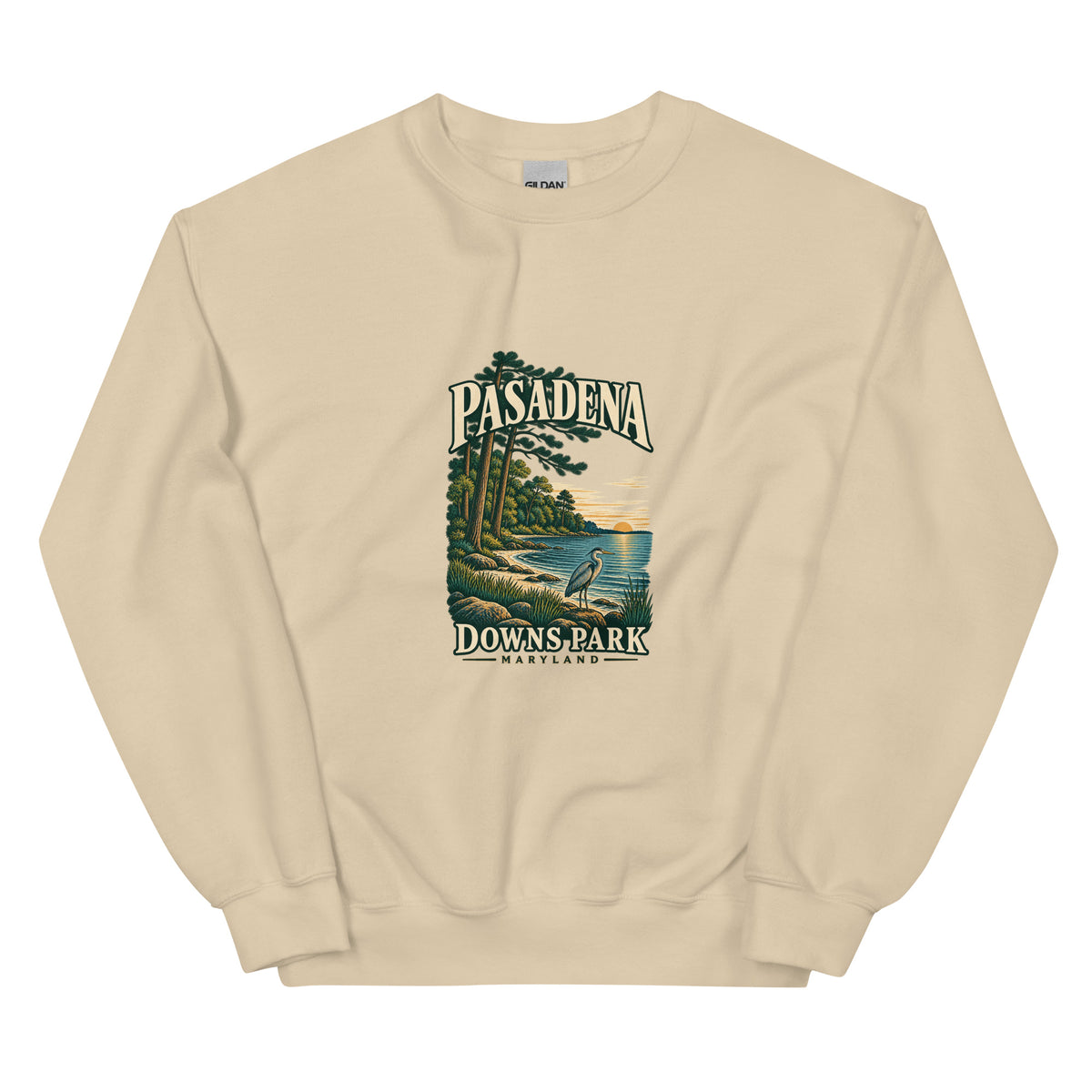 Pasadena Maryland Downs Park Shoreline crewneck sweatshirt in Sand, front view showing the complete printed design