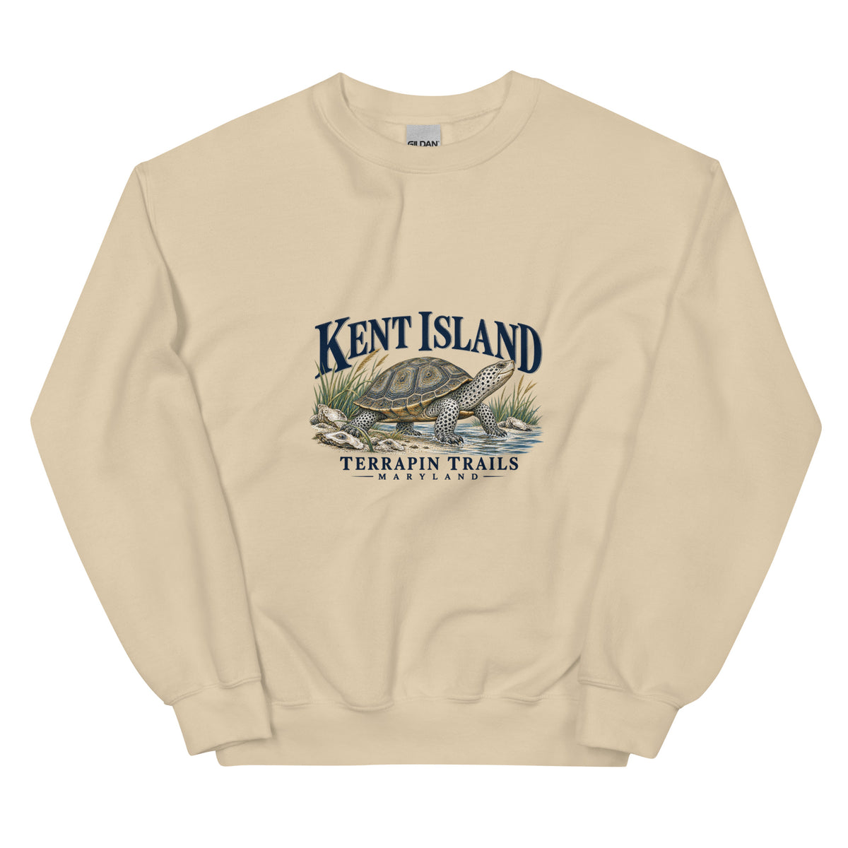 Sand Kent Island Terrapin Trails sweatshirt with diamondback terrapin and shoreline artwork on the front