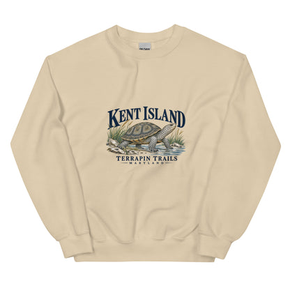 Sand Kent Island Terrapin Trails sweatshirt with diamondback terrapin and shoreline artwork on the front