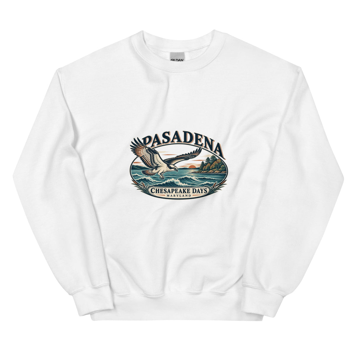 Original Pasadena Maryland Chesapeake Days osprey artwork printed on the front of the White Gildan 18000 crewneck sweatshirt