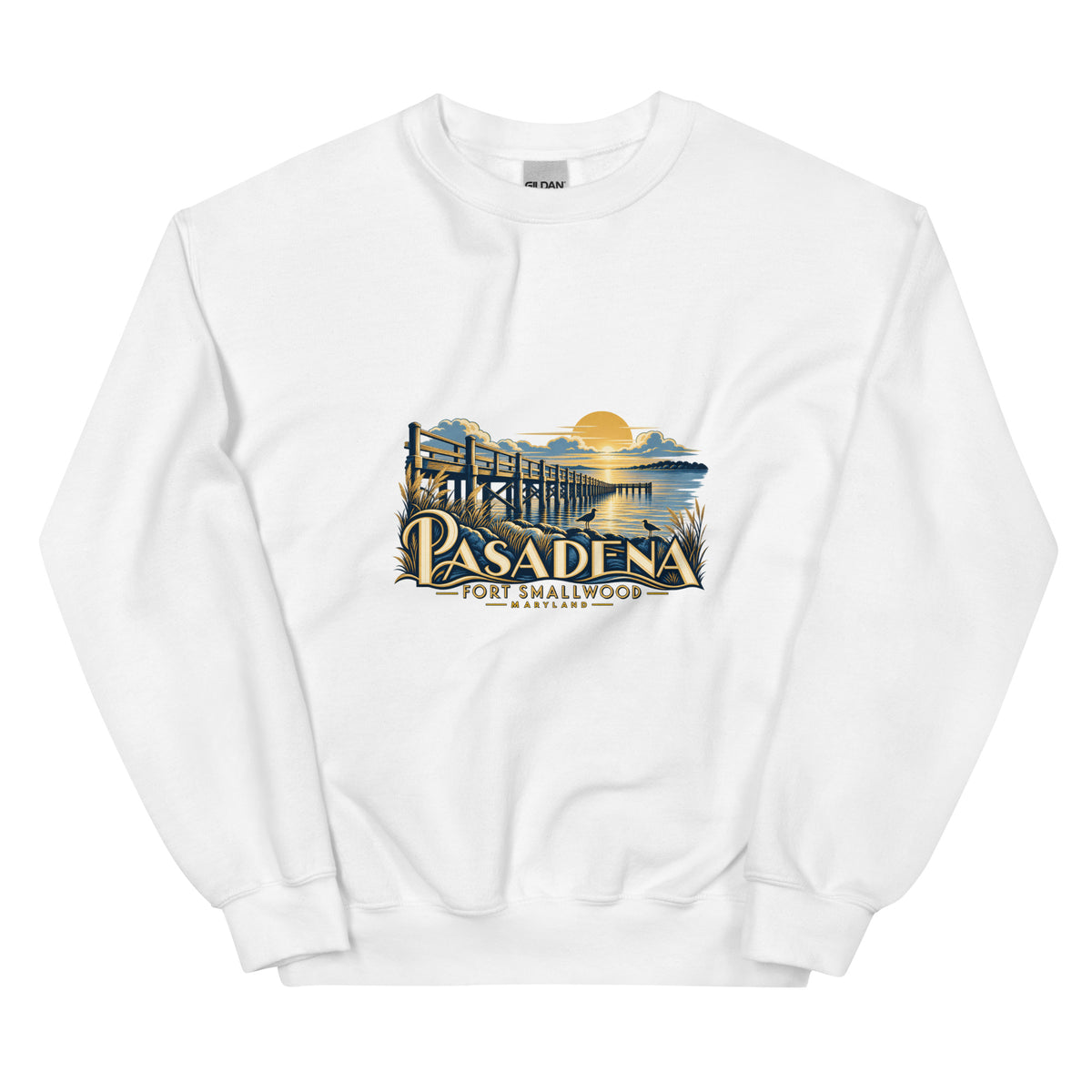 Original Pasadena Maryland Fort Smallwood Pier artwork printed on the front of the White Gildan 18000 crewneck sweatshirt