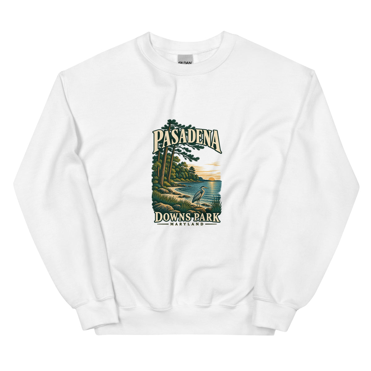 Pasadena Maryland Downs Park Shoreline crewneck sweatshirt in White, front view showing the complete printed design