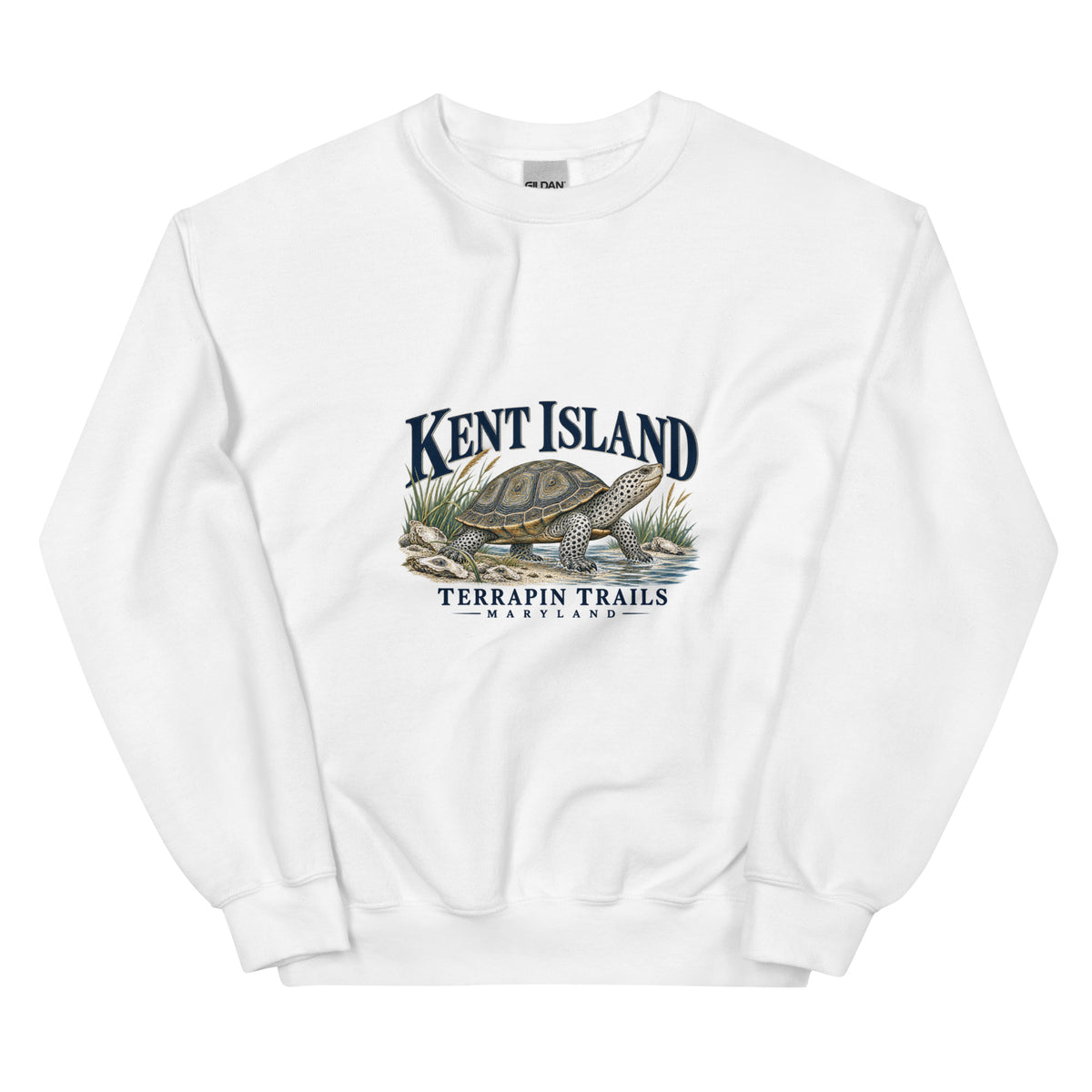 White Kent Island Terrapin Trails sweatshirt with diamondback terrapin and shoreline artwork on the front