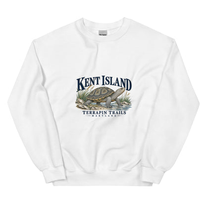 White Kent Island Terrapin Trails sweatshirt with diamondback terrapin and shoreline artwork on the front