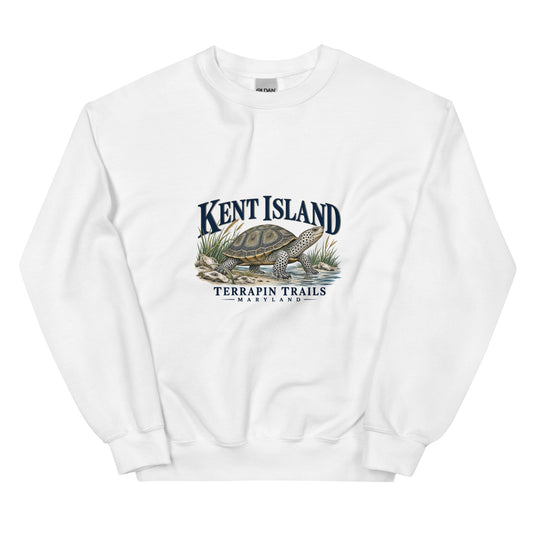 White Kent Island Terrapin Trails sweatshirt with diamondback terrapin and shoreline artwork on the front
