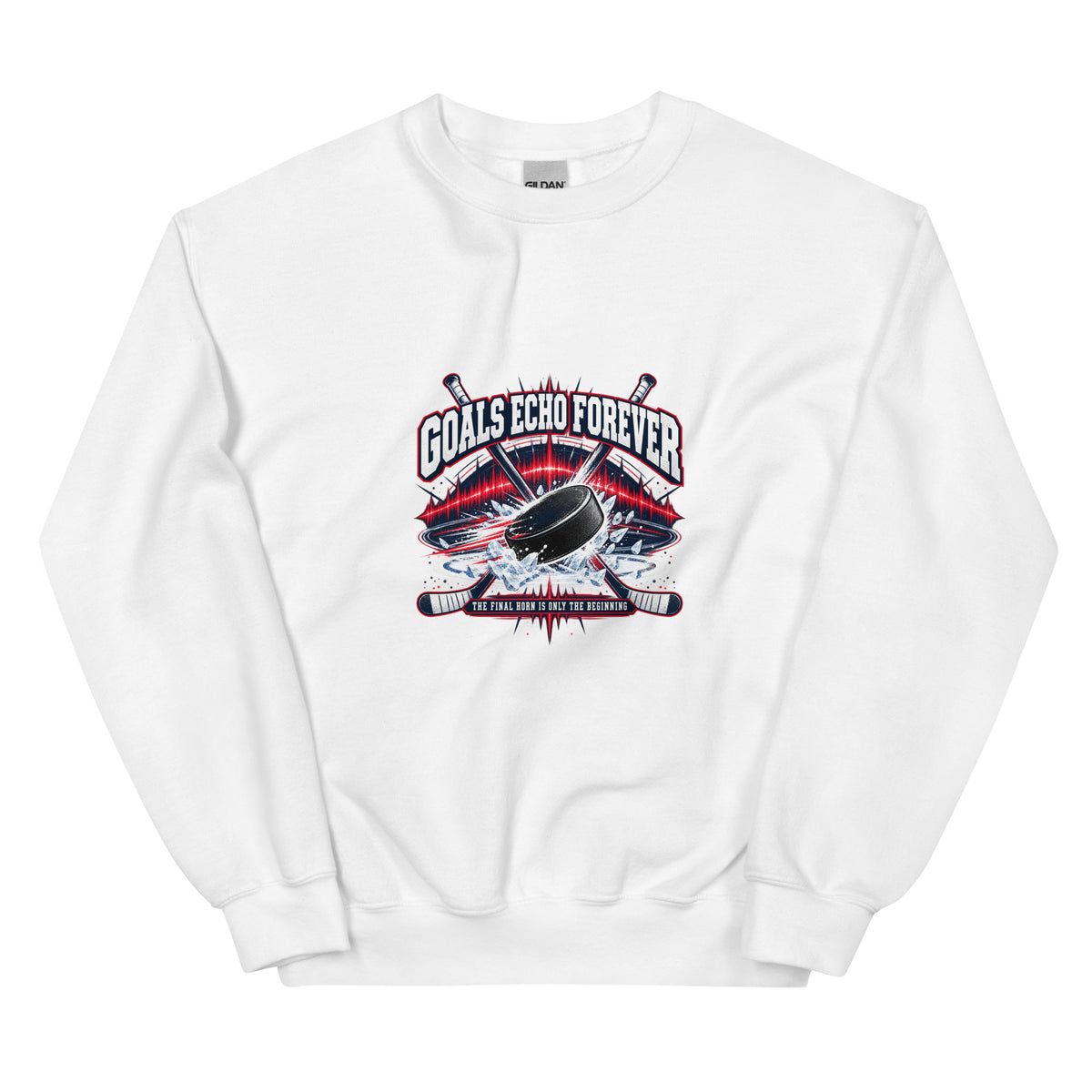 Goals Echo Forever hockey crewneck sweatshirt in white, front graphic view