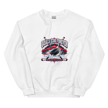 Goals Echo Forever hockey crewneck sweatshirt in white, front graphic view