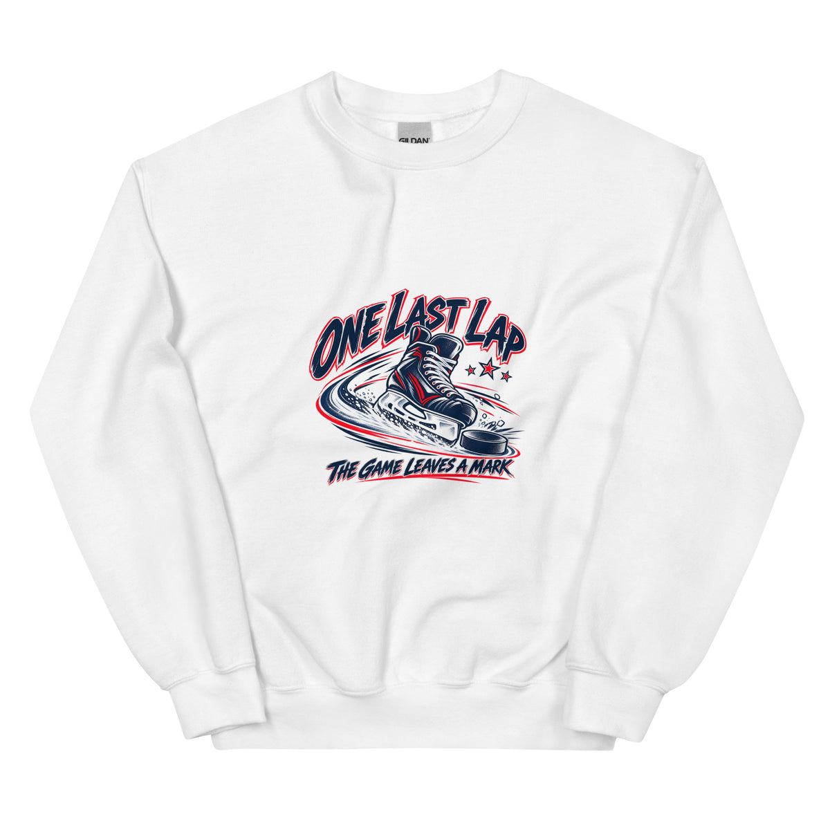 One Last Lap Hockey Farewell Crewneck Sweatshirt in white, front view