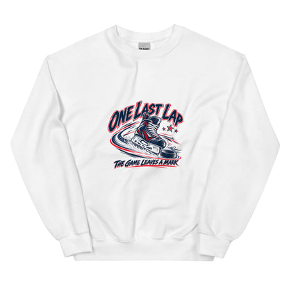 One Last Lap Hockey Farewell Crewneck Sweatshirt in white, front view