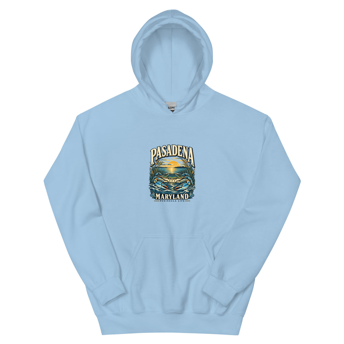 Pasadena Maryland Peninsula Life Blue Crab hoodie in Light Blue, front view showing the complete printed design above the pouch pocket
