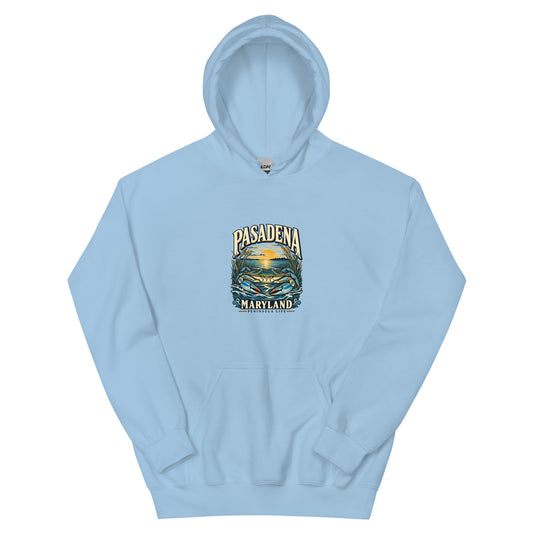 Pasadena Maryland Peninsula Life Blue Crab hoodie in Light Blue, front view showing the complete printed design above the pouch pocket