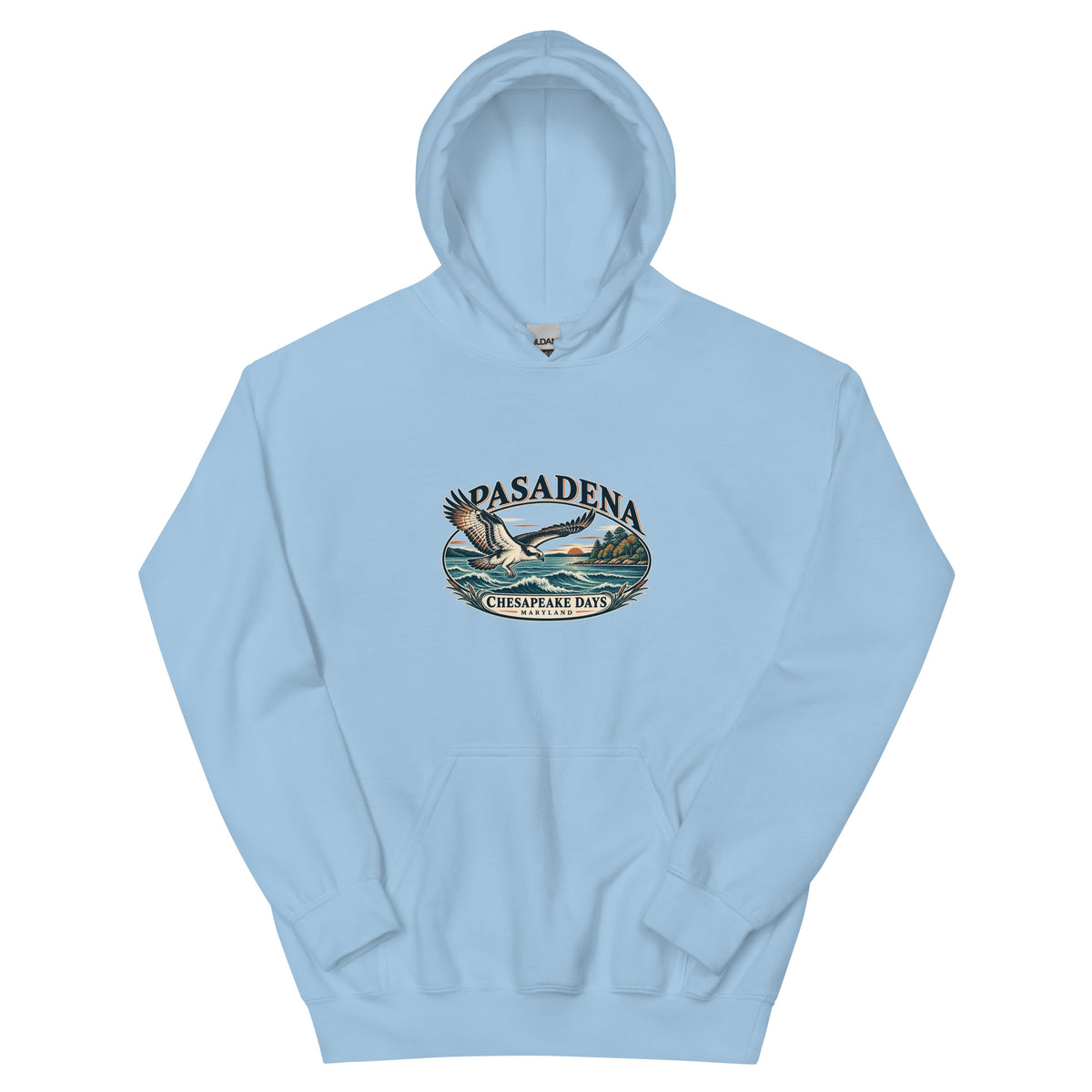 Pasadena Maryland Chesapeake Days Osprey hoodie in Light Blue, front view showing complete printed artwork above the pouch pocket