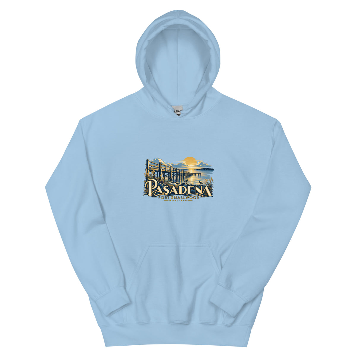 Pasadena Maryland Fort Smallwood Pier hoodie in Light Blue, front view showing complete printed artwork above the pouch pocket