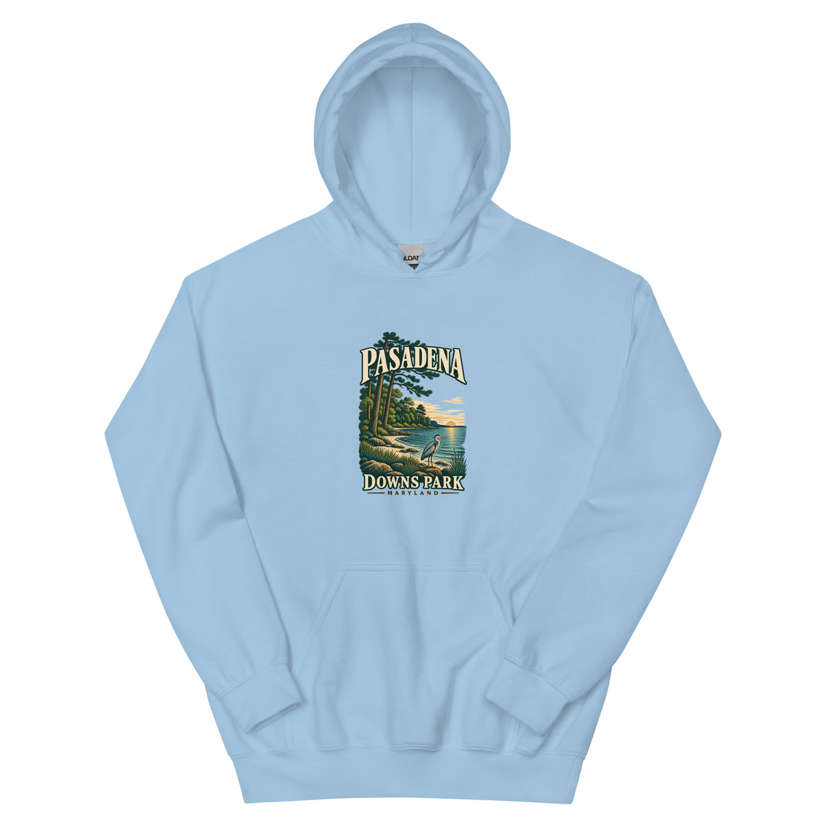 Pasadena Maryland Downs Park Shoreline hoodie in Light Blue, front view showing complete printed artwork above the pouch pocket