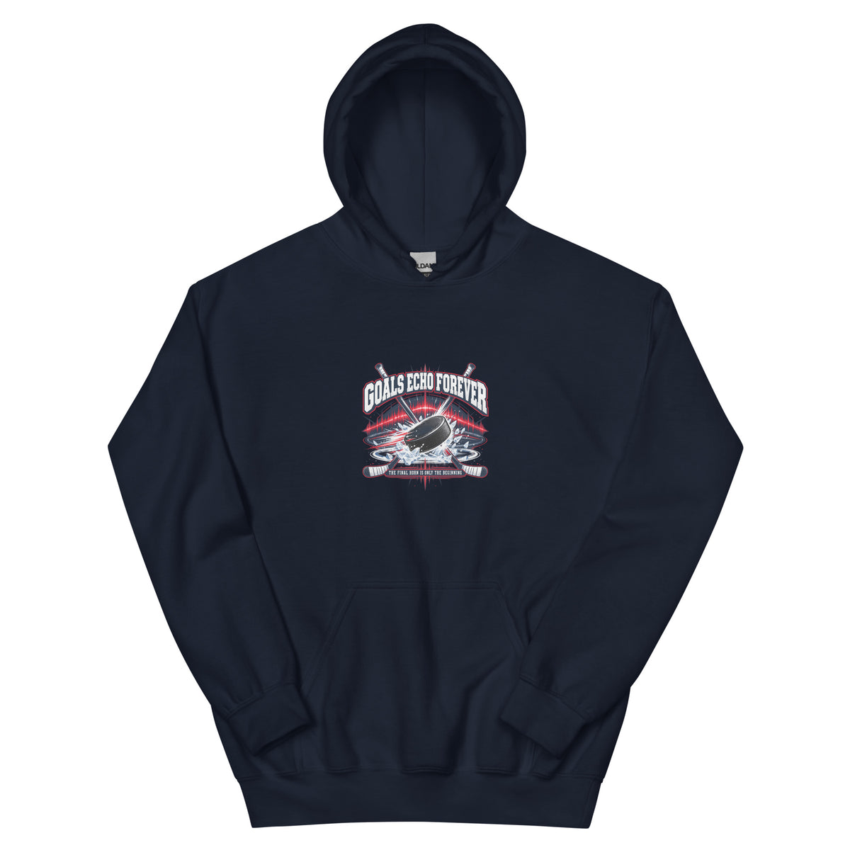 Goals Echo Forever Hockey Legacy Unisex Hoodie in navy, front view