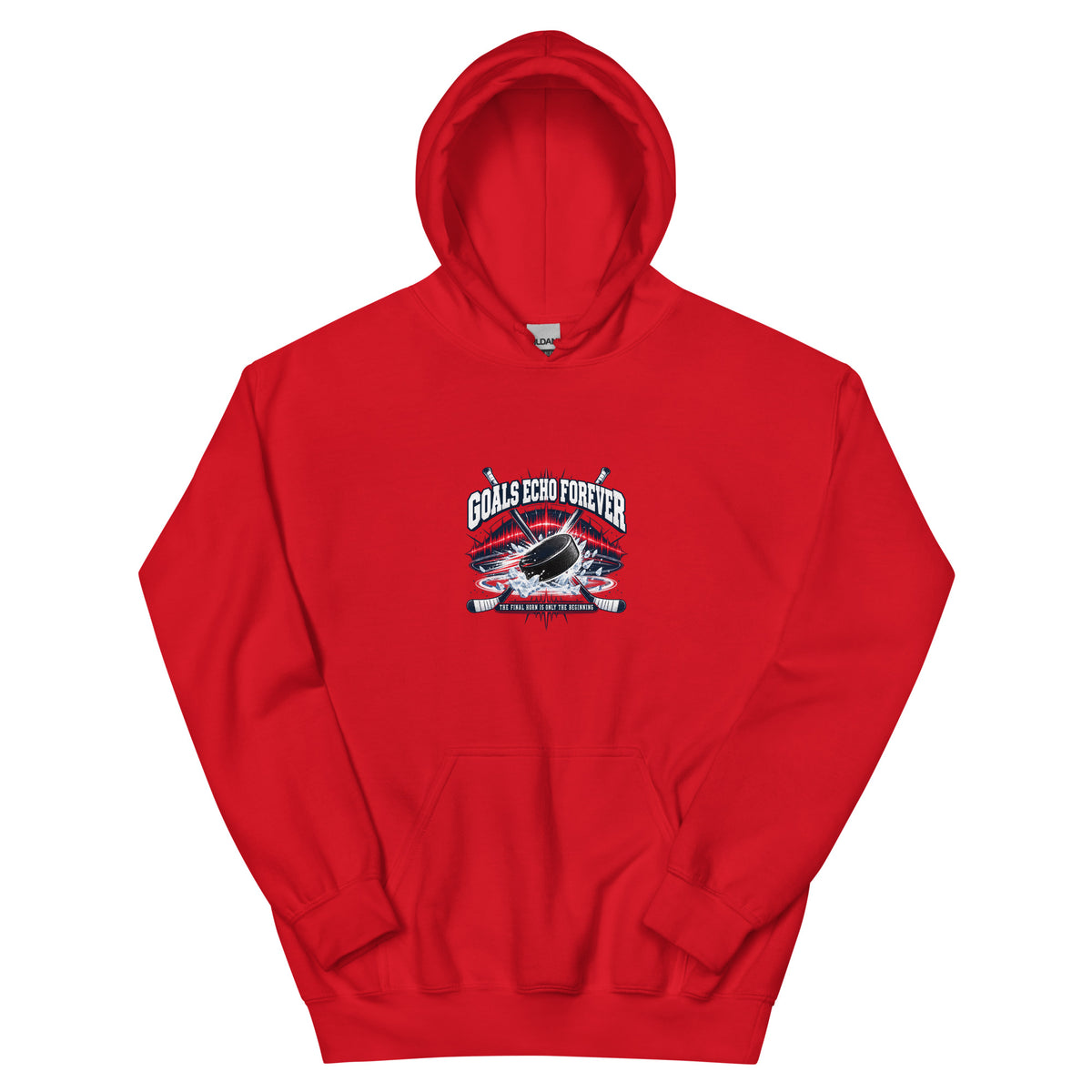 Goals Echo Forever Hockey Legacy Unisex Hoodie in red, front view