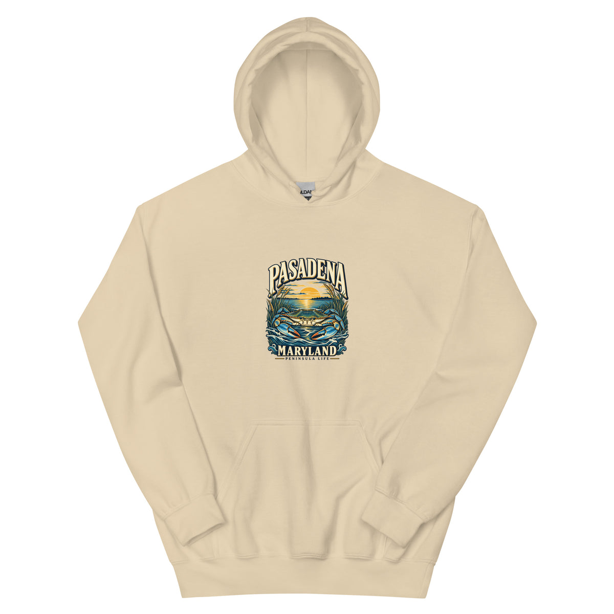 Pasadena Maryland Peninsula Life Blue Crab hoodie in Sand, front view showing the complete printed design above the pouch pocket