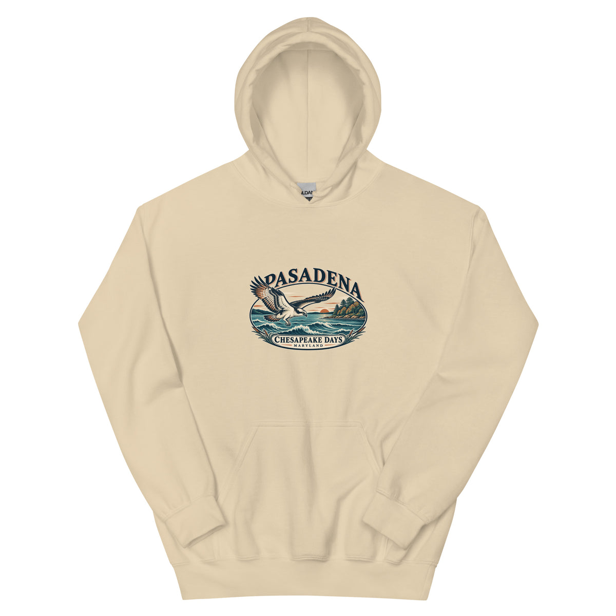 Pasadena Maryland Chesapeake Days Osprey hoodie in Sand, front view showing complete printed artwork above the pouch pocket