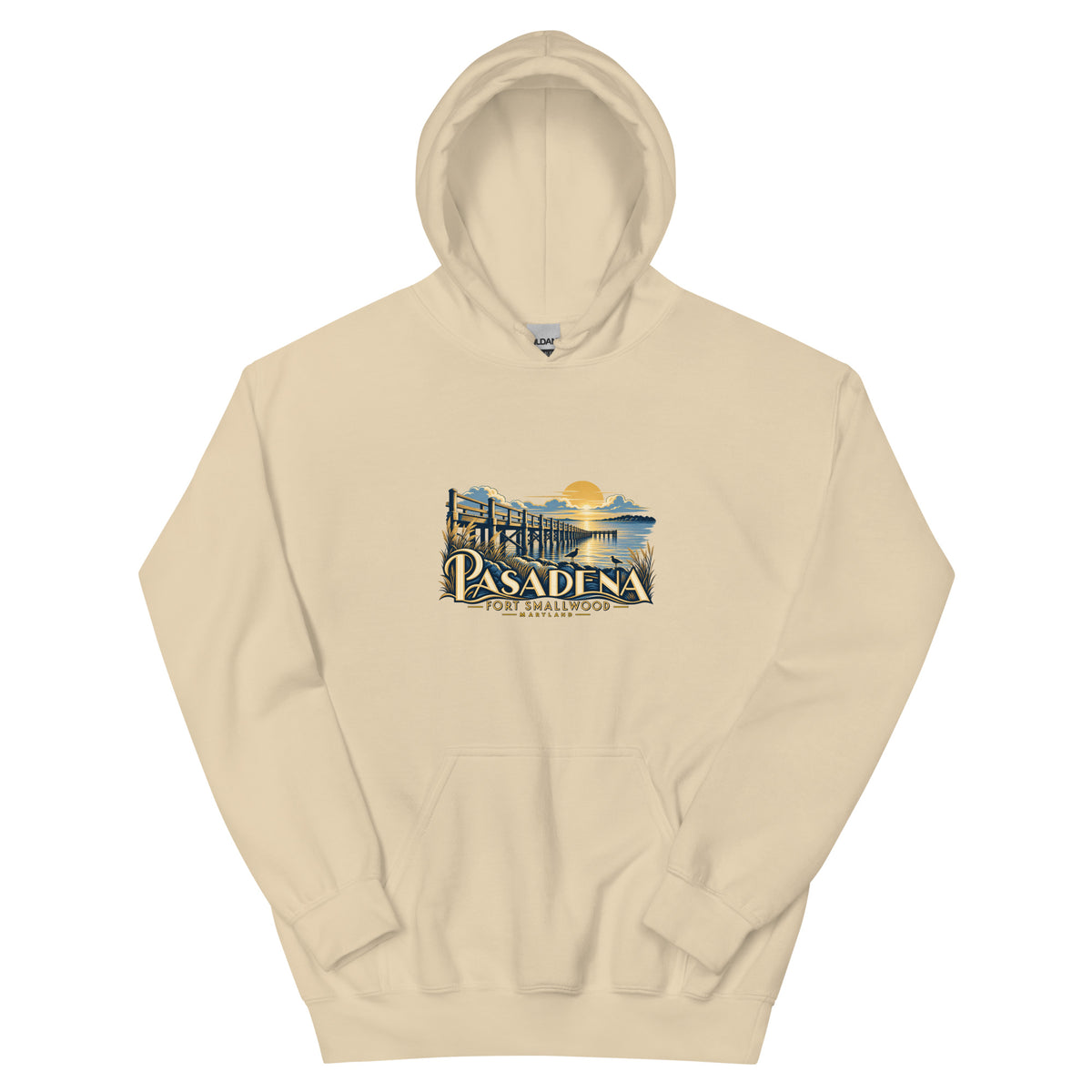 Pasadena Maryland Fort Smallwood Pier hoodie in Sand, front view showing complete printed artwork above the pouch pocket