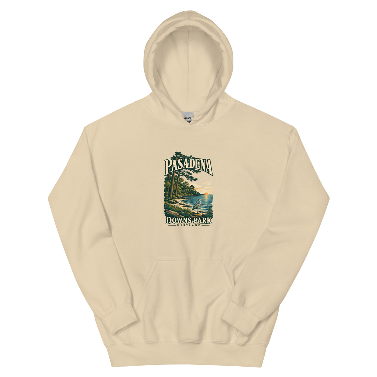Pasadena Maryland Downs Park Shoreline hoodie in Sand, front view showing complete printed artwork above the pouch pocket