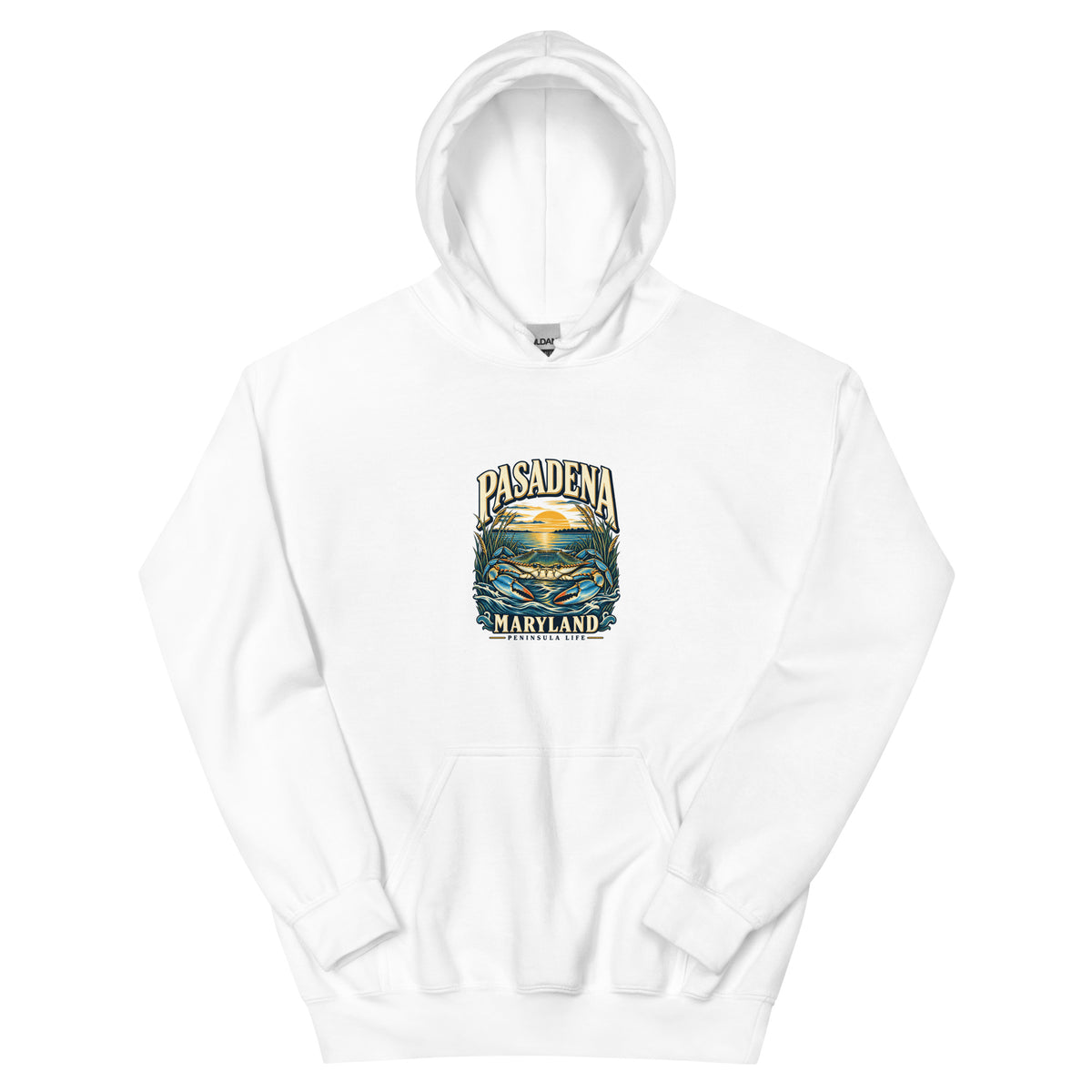 Pasadena Maryland Peninsula Life Blue Crab hoodie in White, front view showing the complete printed design above the pouch pocket