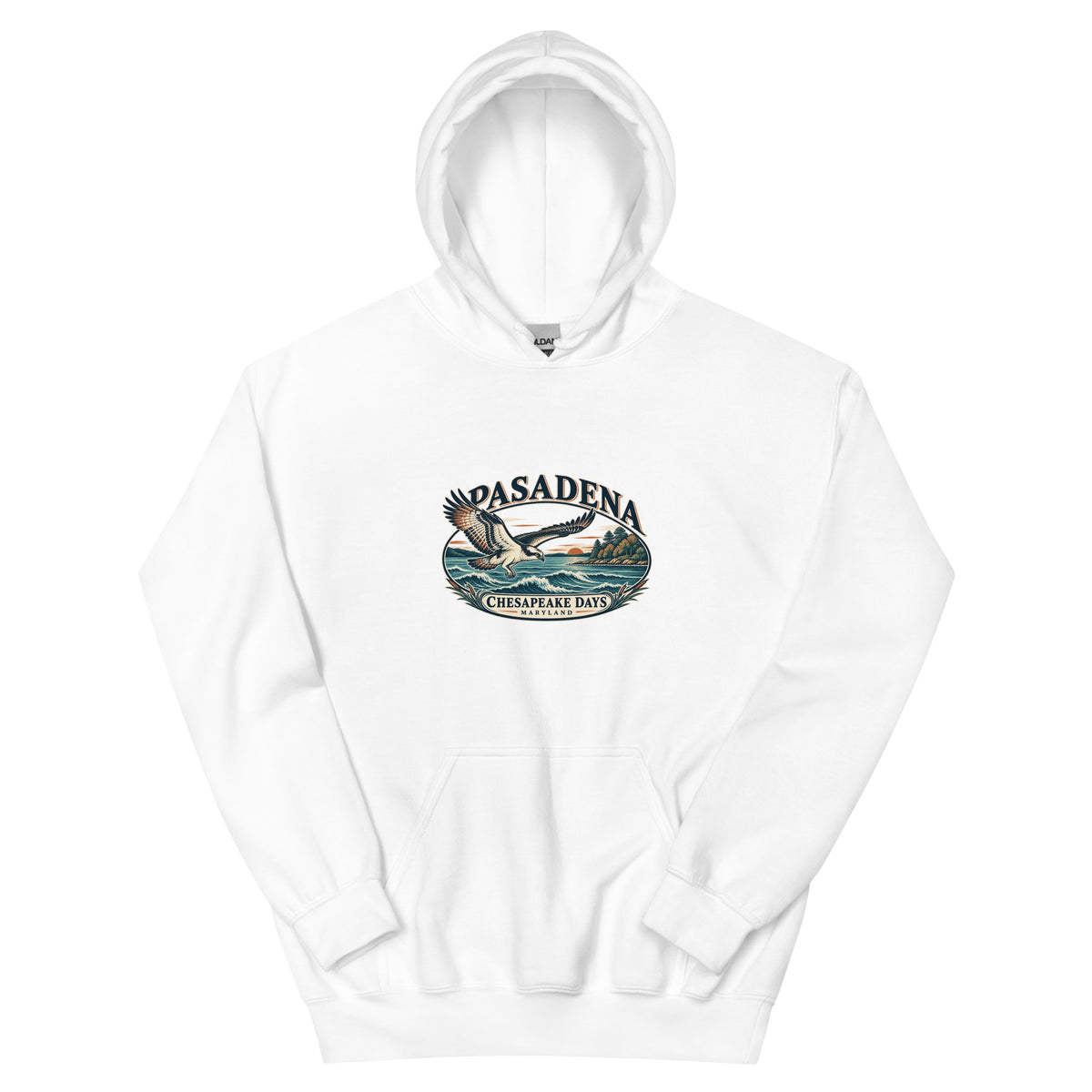 Pasadena Maryland Chesapeake Days Osprey hoodie in White, front view showing complete printed artwork above the pouch pocket