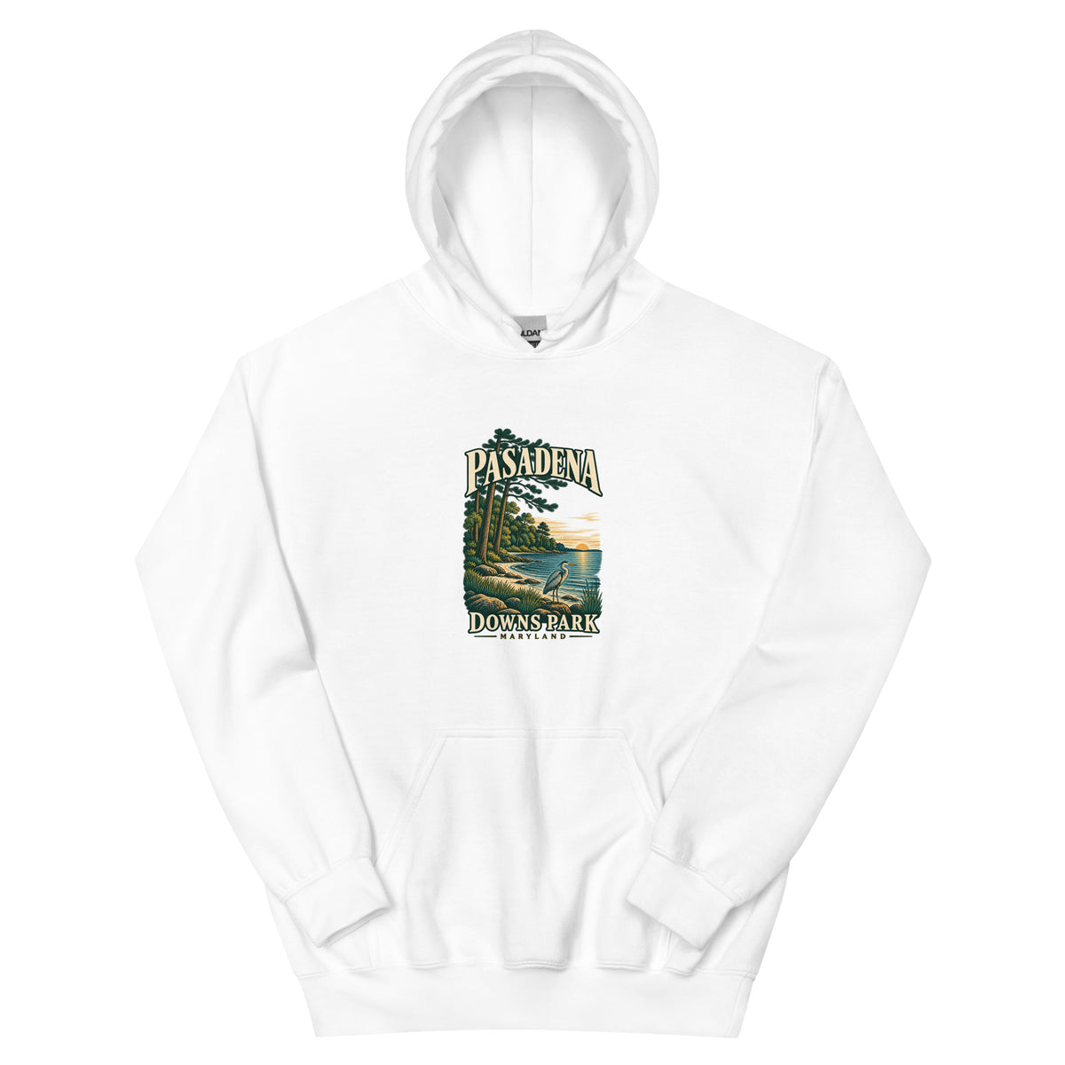 Pasadena Maryland Downs Park Shoreline hoodie in White, front view showing complete printed artwork above the pouch pocket