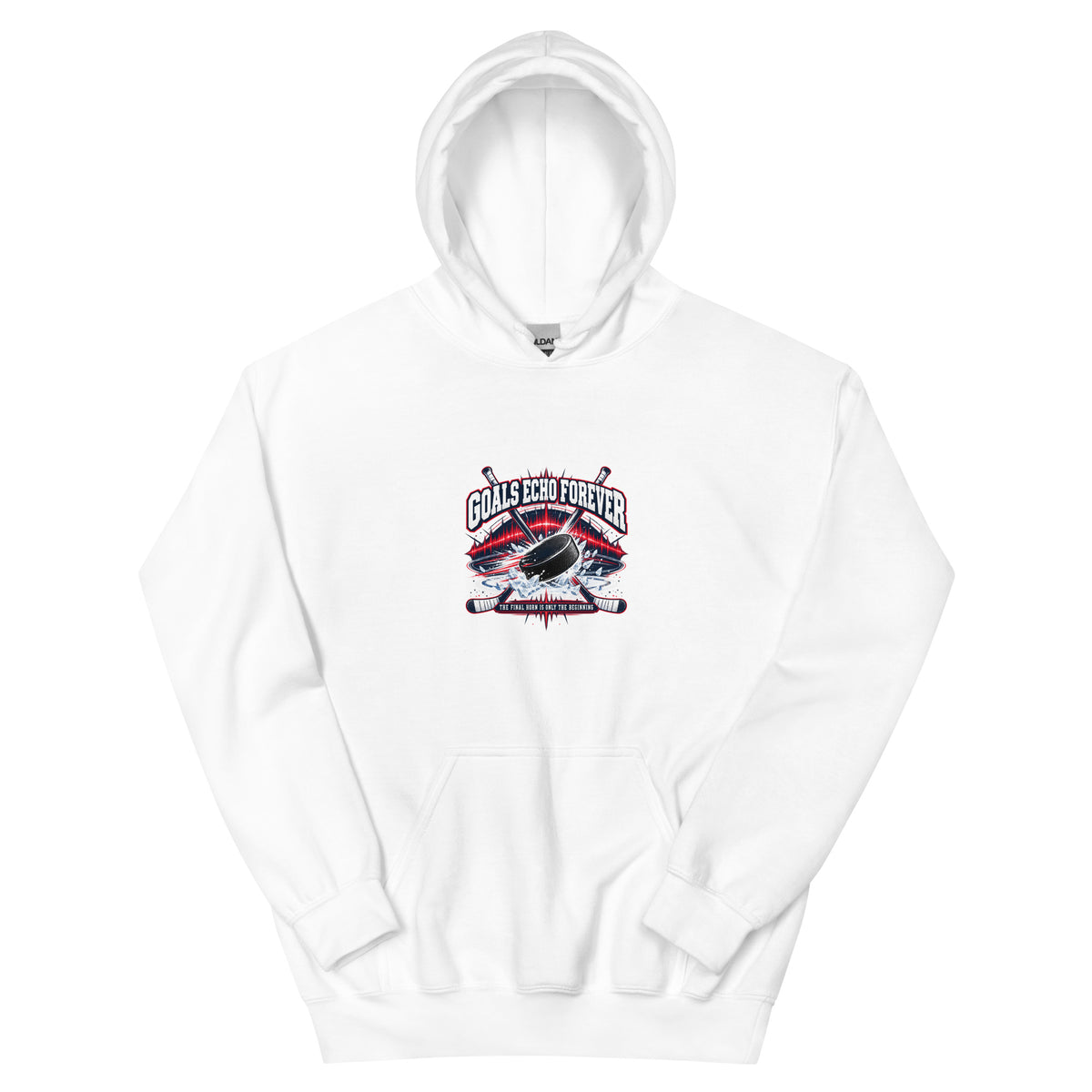Goals Echo Forever Hockey Legacy Unisex Hoodie in white, front view