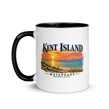 Kent Island Matapeake Sunset 11 oz ceramic mug with shoreline and Bay Bridge illustration, handle on left