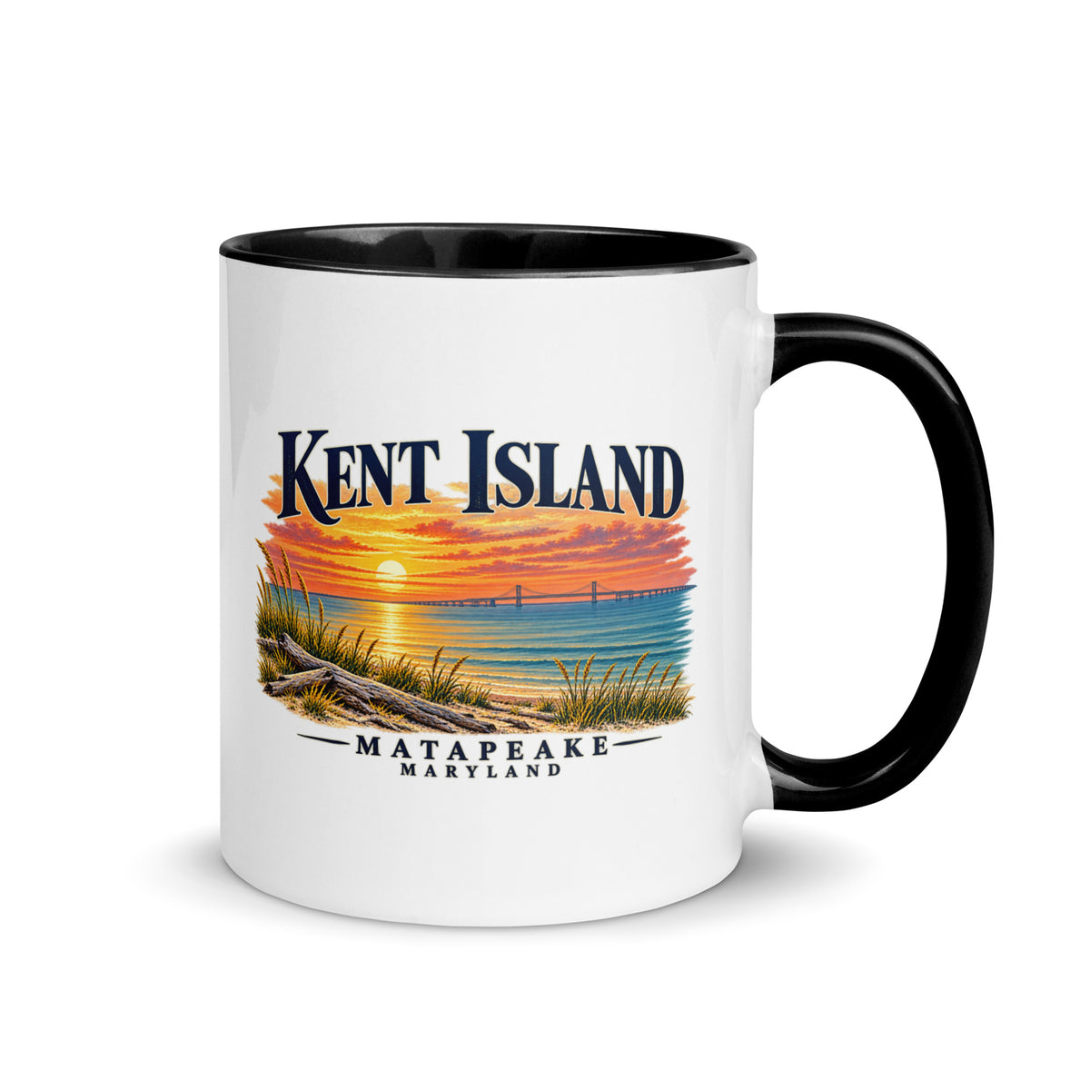 Kent Island Matapeake Sunset 11 oz ceramic mug with shoreline and Bay Bridge illustration, handle on right