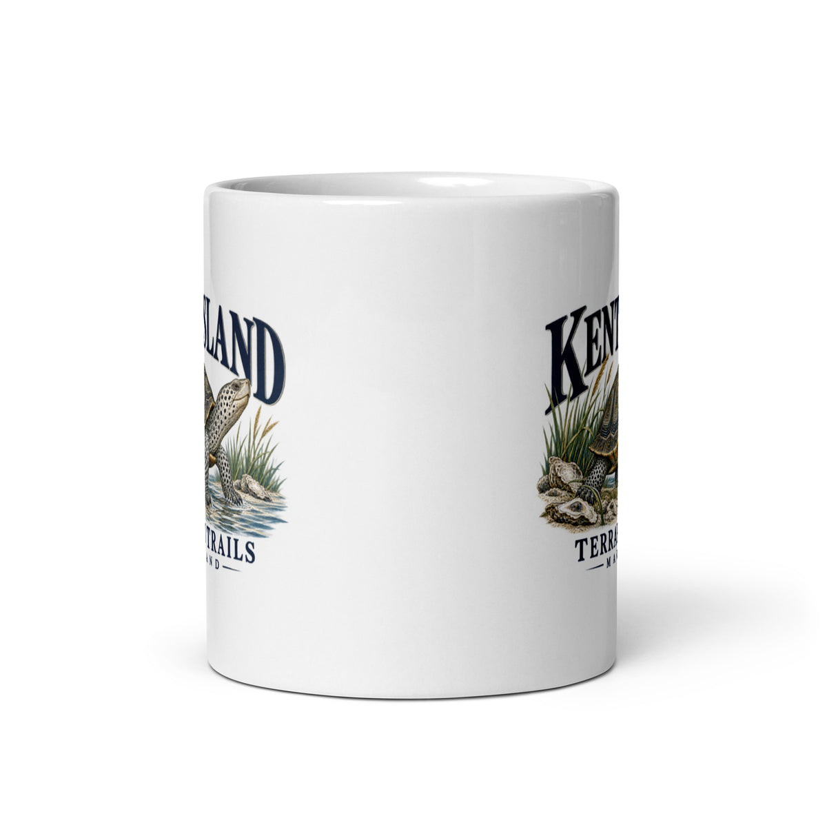 Front view of Kent Island Terrapin Trails ceramic mug with artwork on both sides