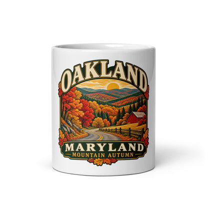 Oakland Maryland Mountain Autumn Coffee Mug, 11 oz — front view showing the full artwork