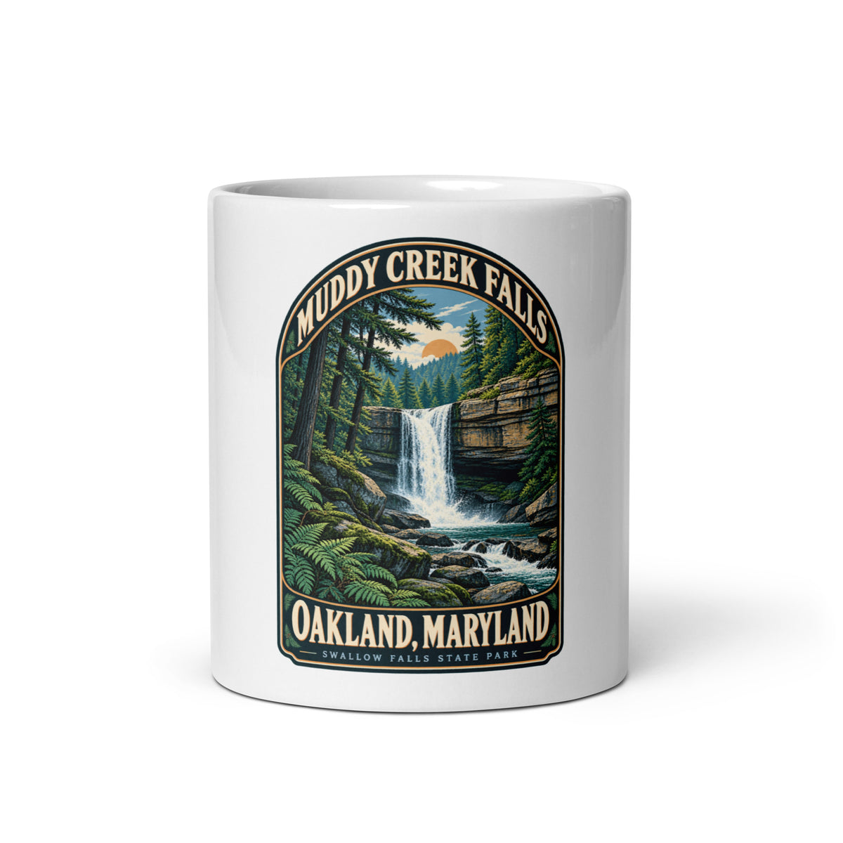 Oakland Maryland Muddy Creek Falls Coffee Mug, 11 oz — front view showing the full artwork