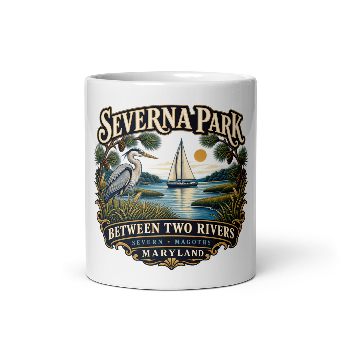 Front view: Severna Park Between Two Rivers sailboat and heron artwork with Severn and Magothy lettering on coffee mug