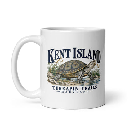 White 11 oz Kent Island Terrapin Trails mug, diamondback terrapin artwork and handle on left