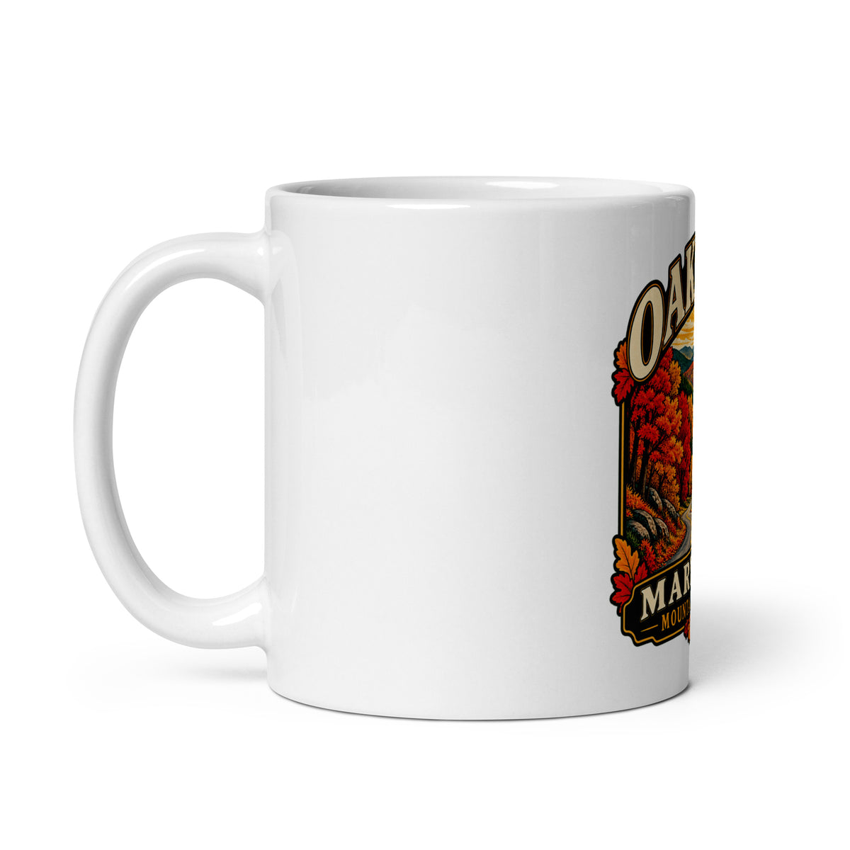 Oakland Maryland Mountain Autumn Coffee Mug, 11 oz — left handle view