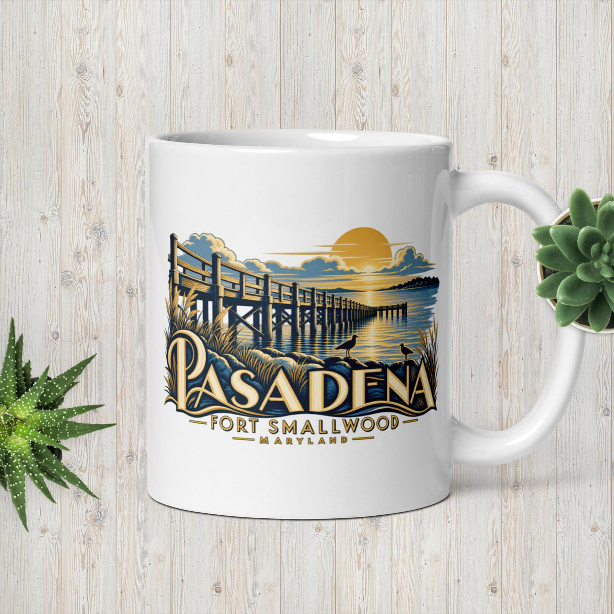 Pasadena Maryland Fort Smallwood Pier design printed on an 11 oz white ceramic mug, with a light wood background