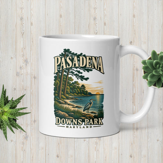 Pasadena Maryland Downs Park Shoreline design printed on an 11 oz white ceramic mug, with a light wood background