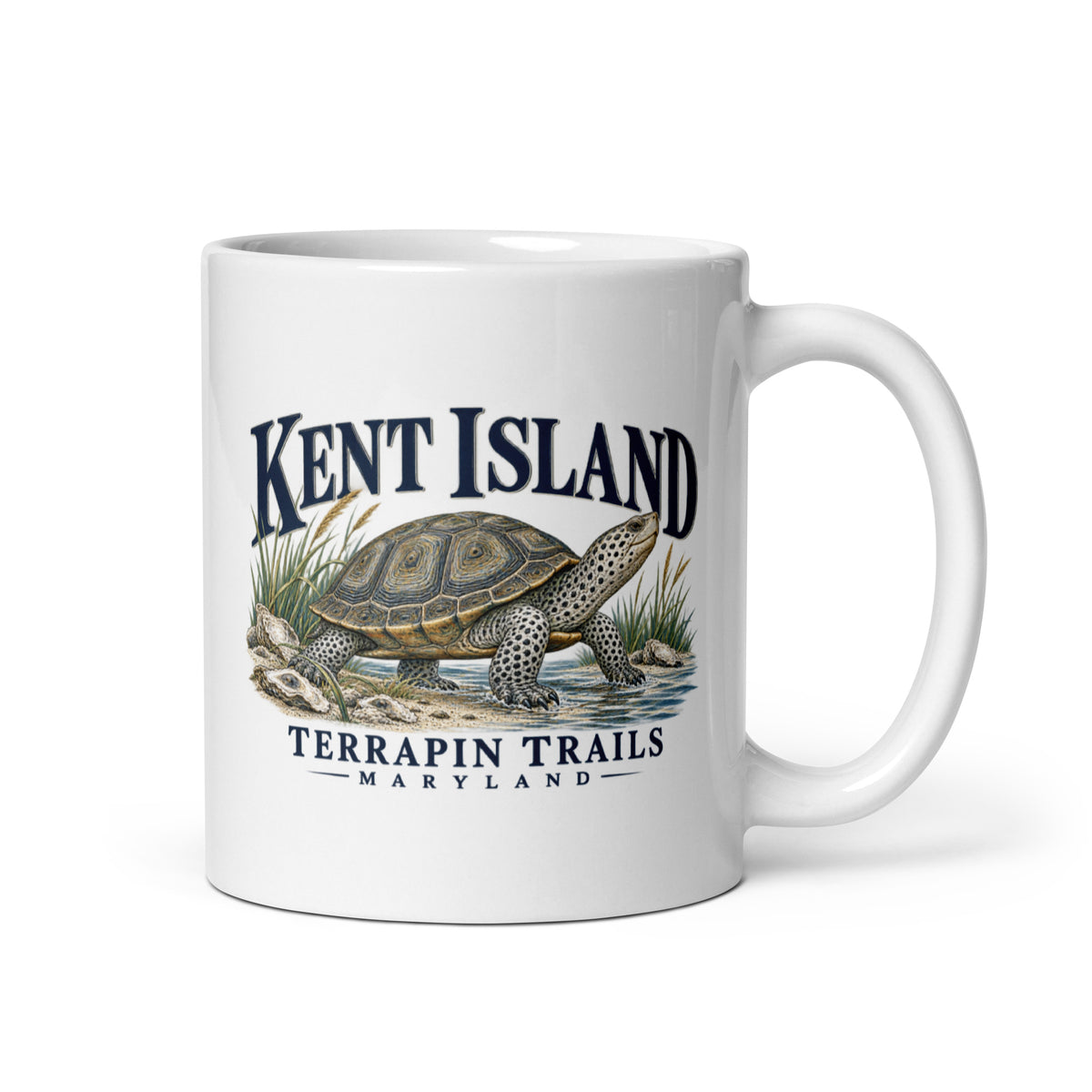 White 11 oz Kent Island Terrapin Trails mug, diamondback terrapin artwork and handle on right