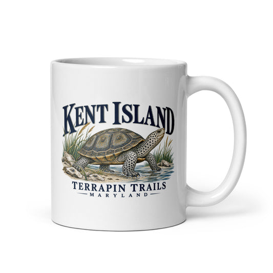 White 11 oz Kent Island Terrapin Trails mug, diamondback terrapin artwork and handle on right