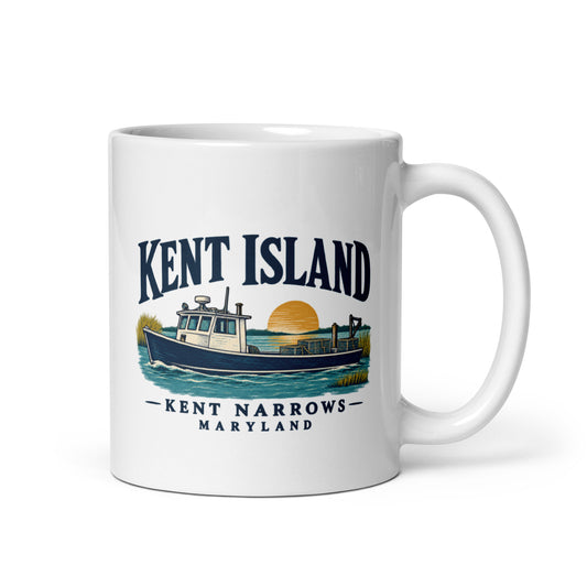 White 11 oz Kent Island Kent Narrows Workboat mug, handle on right