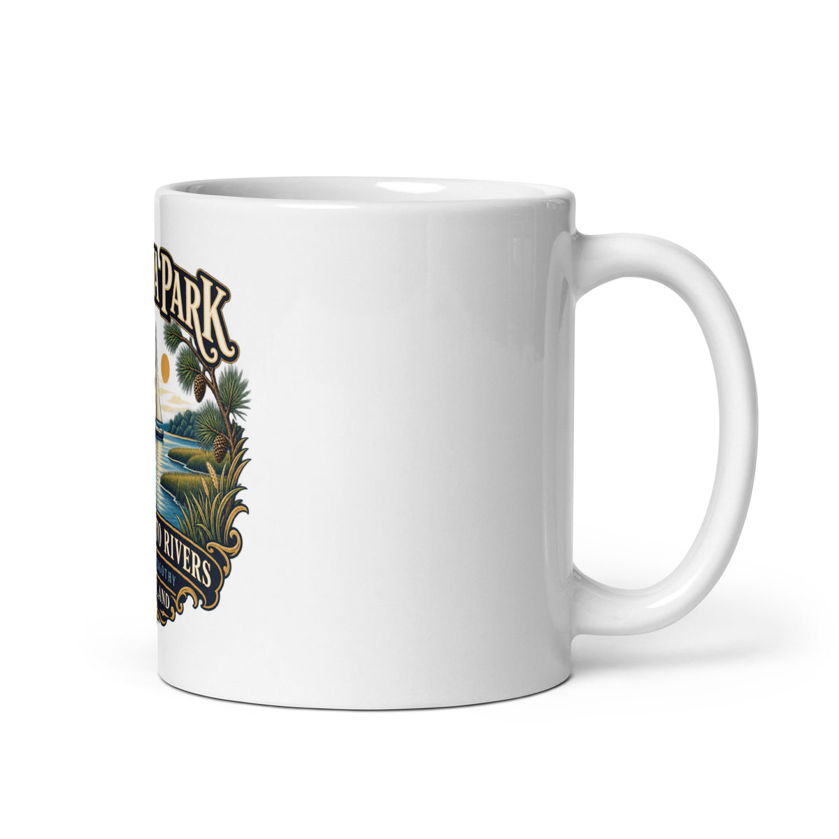 Handle on right: Severna Park Between Two Rivers sailboat and heron artwork with Severn and Magothy lettering on coffee mug